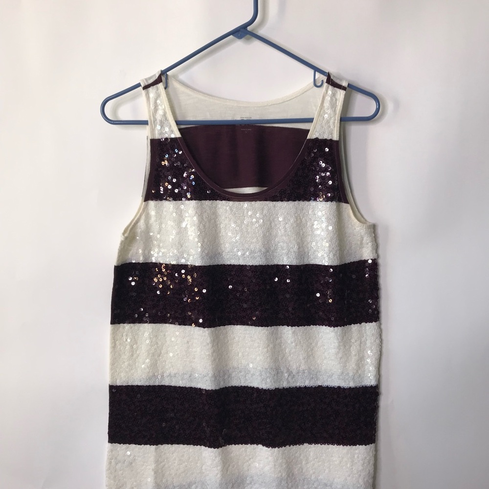 Ann Taylor LOFT Tank Top Womens Large Ivory Maroon Stripe Sequined Cotton Blend